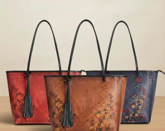 Skórzana torba na ramię z wytłoczonym motywem kwiatowym, do codziennego użytku, w stylu vintage, prezent dla niej, skórzana torba na ramię z kwiatowym wzorem, dekoracyjny wzór