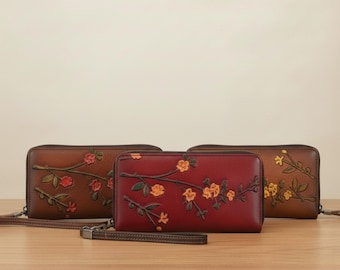 Portfel damski z wierzchniej warstwy skóry bydlęcej do codziennego użytku, wytłoczony motyw kwiatowy, prezent dla niej, elegancki, skórzany portfel dekoracyjny