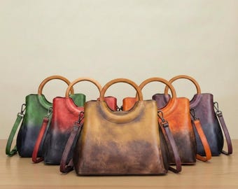 Leather Gradient Handbag, Women Shoulder Bag Tote, Everyday Carry Purse, Vintage Style, For Women, Gift Idea, Fashion Accessory