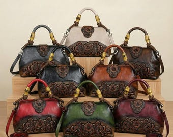 Vintage Embossed Leather Handbag Floral Tooled Shoulder Purse Large Capacity Genuine Leather Bag Elegant Women Shoulder Bag