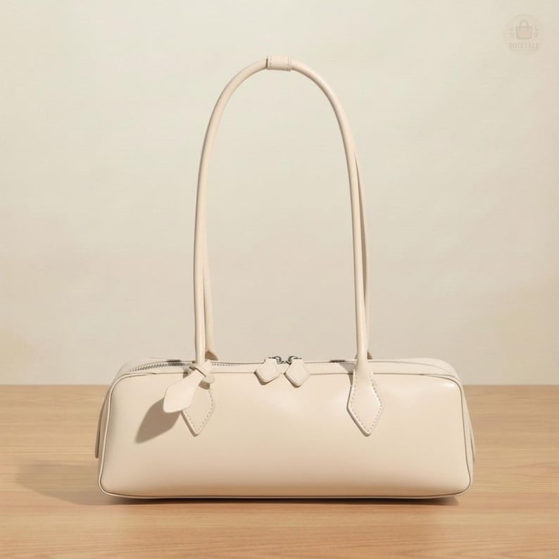 Soft Genuine Leather Baguette Shoulder Bag – Minimalist Classic Handbag Purse White