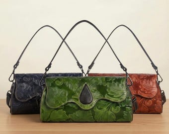 Bolso de hombro de cuero repujado, bolso cruzado con estampado floral, bolso de mano de cuero vintage, bolso boho para mujer, bolso tote para uso diario.