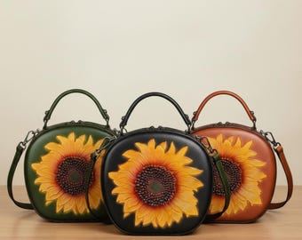 Skórzana torba na ramię z wytłoczonym słonecznikiem, do codziennego użytku, w stylu vintage, w kwiaty, prezent dla niej, skórzana torba na ramię, z ozdobnym wzorem