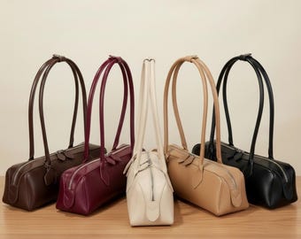 Miękka, skórzana torba typu bagietka, minimalistyczna skórzana torba na ramię, klasyczna torebka typu bagietka, elegancka skórzana torebka na prezent dla kobiet