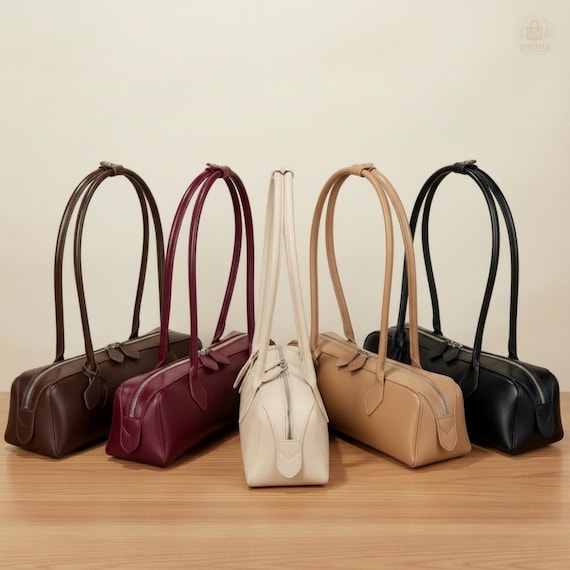 Soft Genuine Leather Baguette Shoulder Bag – Minimalist Classic Handbag Purse