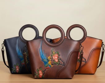 Skórzana torba na ramię z wytłoczonym ptakiem, do codziennego użytku, styl vintage z rzeźbionymi kwiatami, prezent dla niej