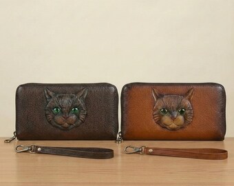Leather Cat Wallet, Long Zipper Wallet, Everyday Organizer, Vintage Style, For Women, Gift Idea, Cute Animal Accessory