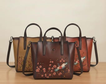 Skórzana torebka z wytłoczonym motywem kwiatowym, skóra bydlęca, do codziennego użytku, styl vintage, prezent dla niej, skórzana torebka na ramię z kwiatowym wzorem, dekoracyjna torebka