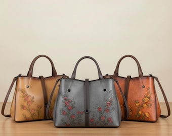 Skórzana torba z wytłoczonym rzeźbionym kwiatem, skórzana torebka w stylu vintage, torba na ramię, elegancka skórzana torebka na prezent dla kobiet