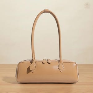 Soft Genuine Leather Baguette Shoulder Bag – Minimalist Classic Handbag Purse Apricot