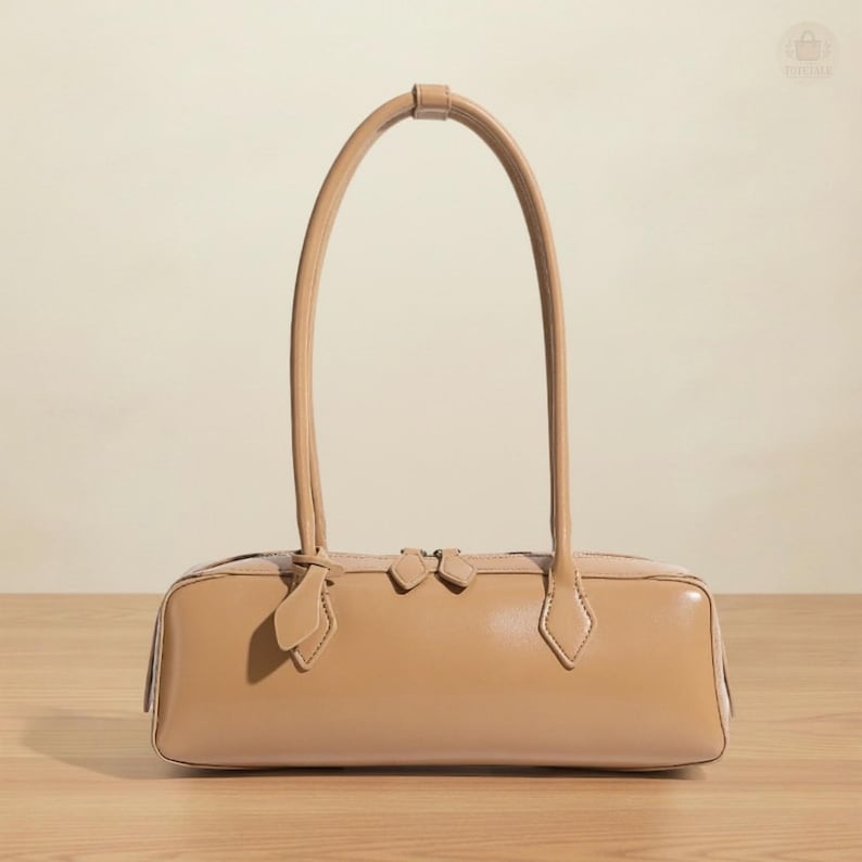 Soft Genuine Leather Baguette Shoulder Bag – Minimalist Classic Handbag Purse Apricot