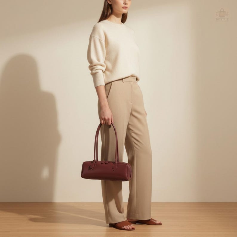 May include: A burgundy leather handbag with a rectangular shape and long handles. The bag is held by a person wearing a cream-colored sweater and tan pants. The bag has a decorative element on the front.