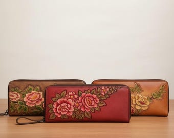 Portfel z wierzchniej warstwy skóry bydlęcej, zapinany na zamek, do noszenia na co dzień, z wytłoczonym wzorem kwiatowym, w minimalistycznym stylu, prezent dla kobiet, modny wystrój