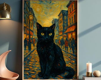 ゴッホ風黒猫ポスター - デジタルウォールアート、星空をイメージした猫プリント、即時ダウンロード