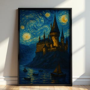 Väggkonst med trollkarlsslott – digitalt tryck i Van Gogh-stil, stjärnhimmelposter, digital nedladdning
