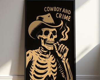Cowboy and Crime Skeleton Poster – Western Skull Wall Art, Vintage Cowboy Print, Retro Edgy Decor, Gothic Western Digital Download