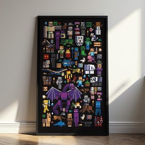 Könnte beinhalten: Ein gerahmter Pixel-Art-Druck mit schwarzem Hintergrund, der zahlreiche Charaktere und Kreaturen aus dem Videospiel Minecraft zeigt. Das Kunstwerk zeigt einen großen lila Drachen mit ausgebreiteten Flügeln und eine Vielzahl anderer Charaktere.