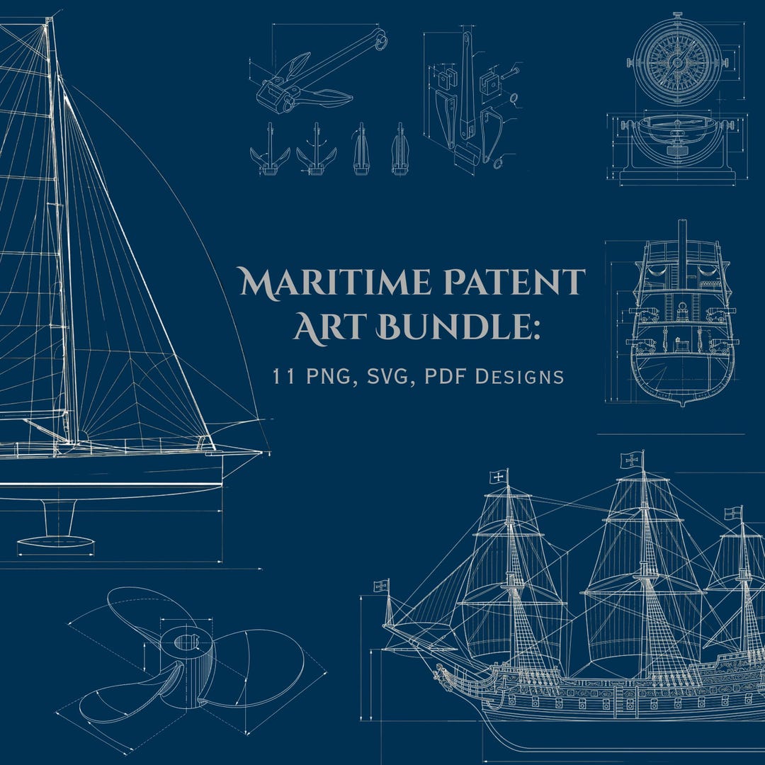 Maritime Patent Art Bundle | 11 Ship Blueprint SVG PNG PDF | Nautical ...
