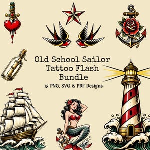 May include: Old school sailor tattoo flash bundle with 15 PNG, SVG & PDF designs. Includes a heart with a dagger, swallows, an anchor with a rose, a message in a bottle, a sailboat, a mermaid, and a lighthouse.