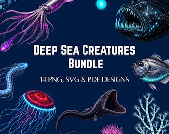 Bundel met PNG-afbeeldingen van diepzeedieren | 14 bioluminescente diepzeecliparts | Zeewolf en reuzeninktvis SVG PDF | Digitale download | Donkere esthetiek