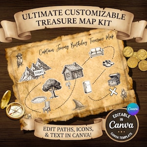 May include: A customizable treasure map kit with the text "ULTIMATE CUSTOMIZABLE TREASURE MAP KIT" and "Captain Jeremy Birthday Treasure Map". The map features a route with icons like a house, tree, and treasure chest. Includes a compass and gold coins.