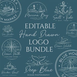 Handritat logotyppaket | 12 redigerbara nautiska logotyper | Nautiska vektormallar | Canva och Illustrator | Digitalt Ocean Branding Kit