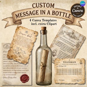 Könnte beinhalten: Ein digitales Design im Vintage-Stil mit einer Glasflasche mit einer Schriftrolle, umgeben von gealterten Papiervorlagen. Der Text lautet "CUSTOM MESSAGE IN A BOTTLE" und "4 Canva Templates incl. extra Clipart."