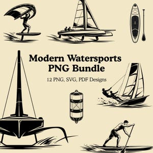 May include: Black and white illustrations of modern watersports activities, including windsurfing, sailing, and paddleboarding. The text "Modern Watersports PNG Bundle" is displayed, along with the number of designs available.