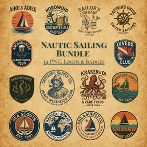 May include: A bundle of 14 nautical PNG logos and badges. Designs include sailboats, anchors, octopuses, and text such as "Nautical Sailing Bundle," "Sailor's Garage," and "Adventure Awaits." The color palette features shades of blue, orange, and brown.