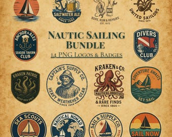 Nautical Clipart Bundle | 14 Vintage Sailing Logos & Badges | Maritime PNG Set in Retro Style | Nautic Sailing Illustrations, Ocean Design