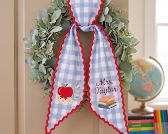 Personalized Teacher Wreath Sash, Embroidered Apple Pencil Books Door Bow, Back to School Classroom Decor, Teacher Appreciation Gift