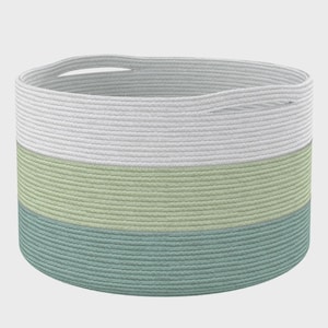 Extra Large Recycled Cotton Rope Basket – Green & White Woven Storage