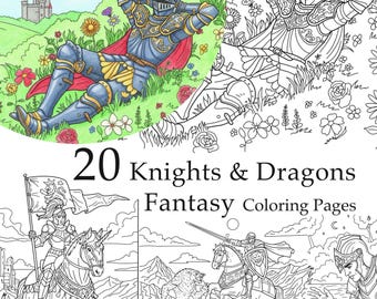 Dibujos para colorear de caballeros y dragones: 20 diseños fantásticos para adultos y niños (PDF imprimible).