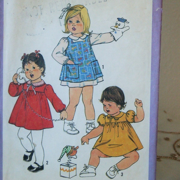 Vintage Adorable 70's Simplicity Child Girl Toddler Smock Yoked Dress Pinafore Apron Peter Pan Collar 8691 Sewing Pattern Size 3
