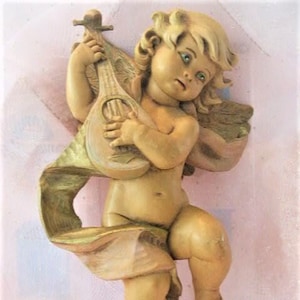 Large Vintage Fontanini 80’s Italy Roman Alexander Simonetti Hanging Angel  Playing Mandolin Depose Italy 365 Christmas Nativity