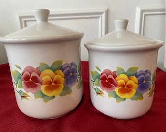 2 Corelle Coordinates Summer Blush Jay Imports Pansies Canisters and Lids UNUSED