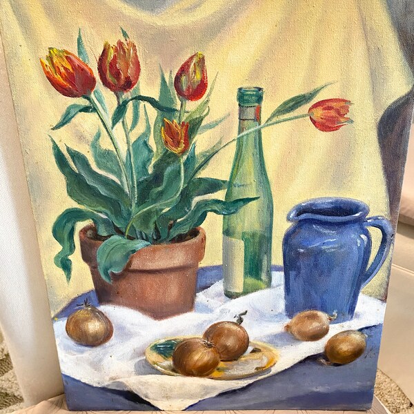Vintage MCM Still Life iI Original Oil Painting Kitchen Painting Pot of Tulips Onions Wine Bottle Blue Pitcher Yellow Blue Theme