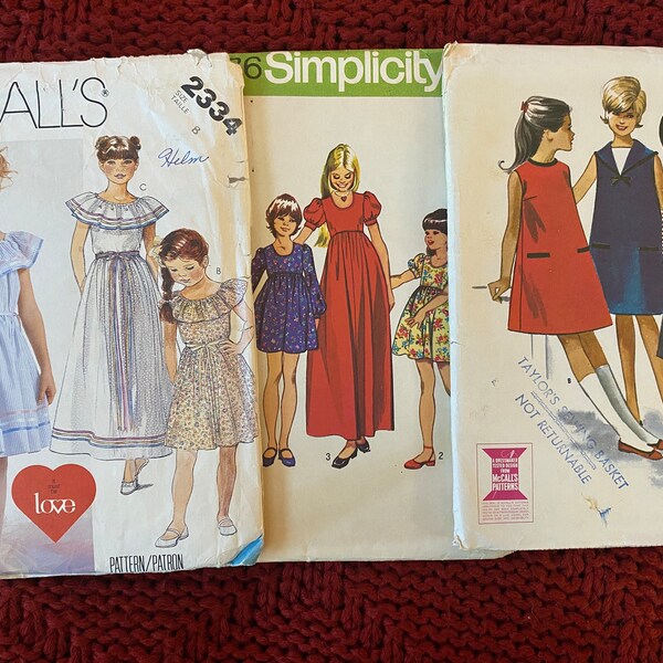 3 Vintage 60’s 70’s 80’s McCall's Tent Dress Peasant Dress Long Dress Child Girls 6935 5086 2334 Sewing Pattern Size 8