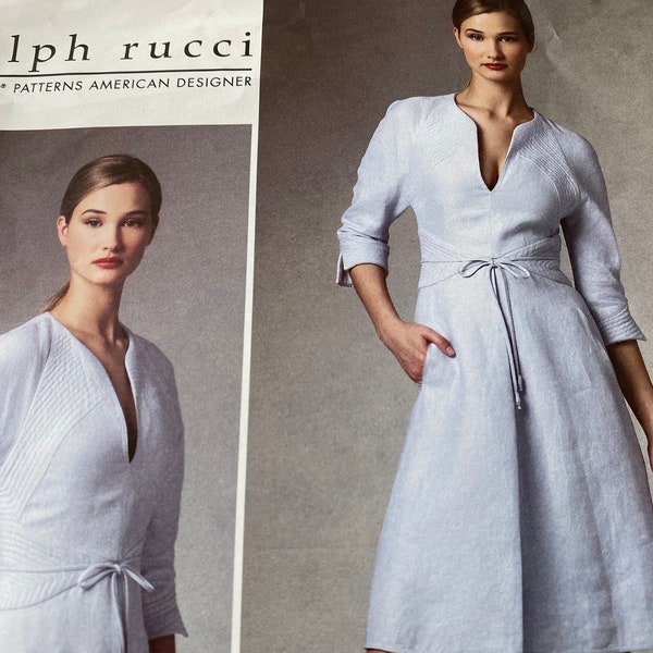 Vogue Ralph Rucci Kleid geformt Passe Tiefem V-Ausschnitt American Designer Original V1381 1381 Schnittmuster Größe 4 8 10 12 ungeschnitten