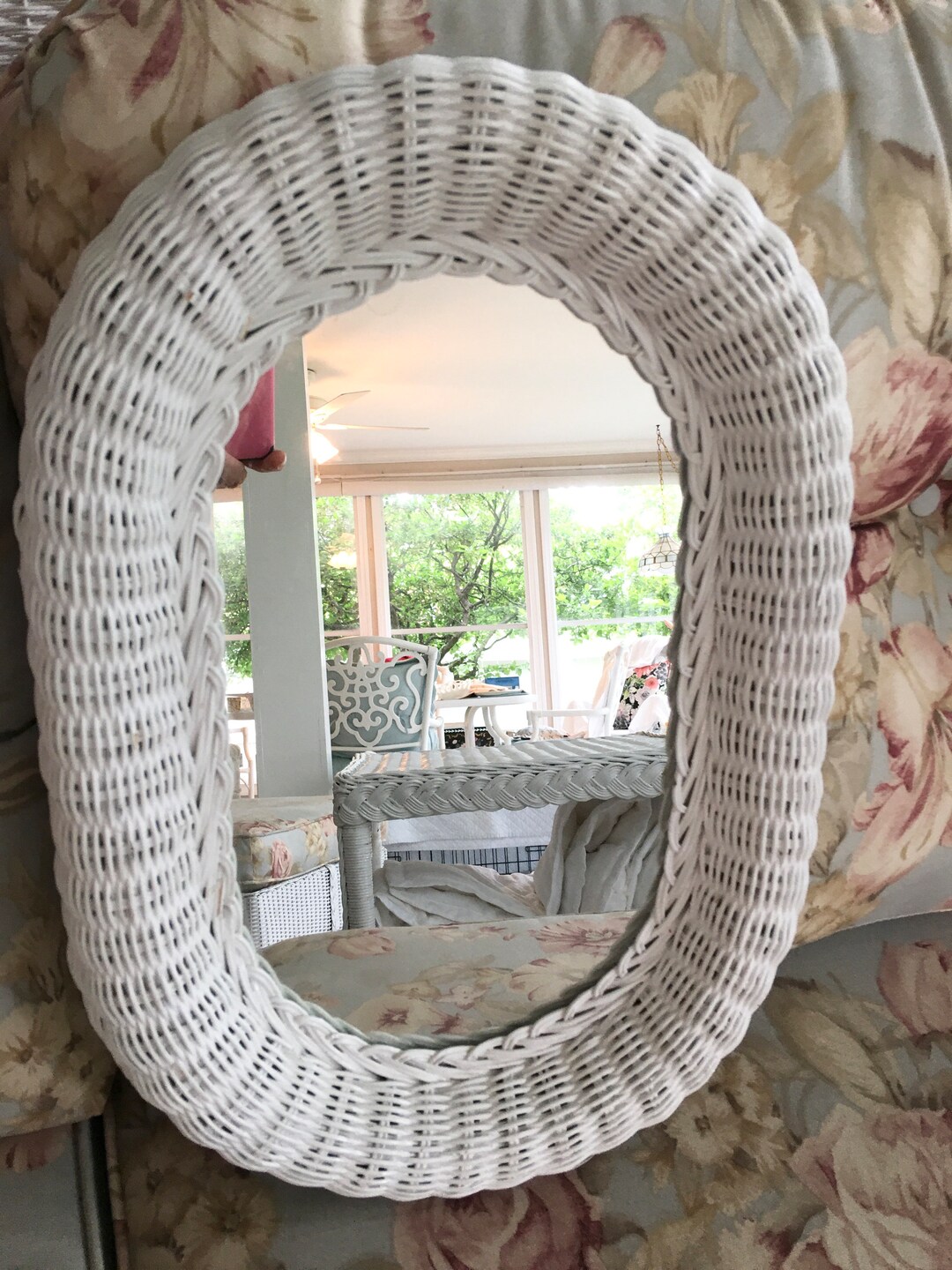 Vintage White Wicker Mirror for Bathroom Bedroom Summer Home Etsy