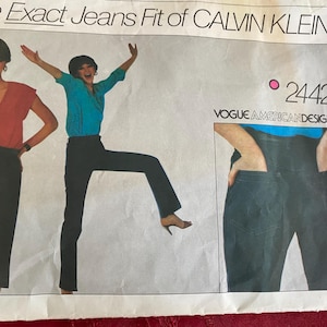 May include: Vintage Vogue American Designer sewing pattern featuring Calvin Klein jeans. The pattern includes illustrations of women's clothing, including a skirt and jeans. The text reads "The Exact Jeans Fit of CALVIN KLEIN" and "2442".