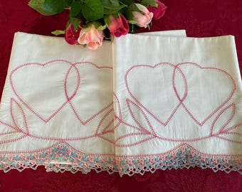 Vintage White Pillowcases with Crochet Edges and Red Hearts