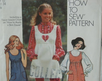 Vintage 70s Boho Easy How to Sew Simplicity Misses Empire Waist Mini Jumper or Dress and Blouse Sewing Pattern 9776 Size 12 Bust 34