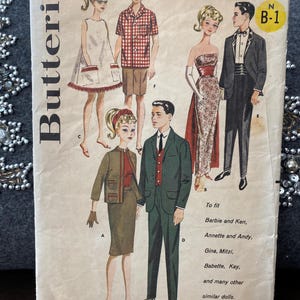 Patrón de costura Butterick vintage de los años 50 para ropa de muñecas Barbie y Ken de 11 1/2" (30,5 cm x 30,5 cm), número 2519