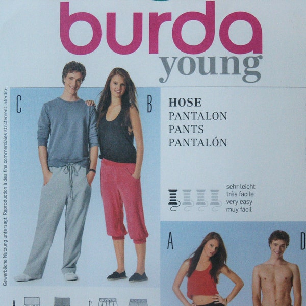 Burda Young Unisex Mens Women Casual Sports Leisure Pants Pantalon  7230 Sewing Pattern Size 6 - 20 US Euro 34-48 UNCUT