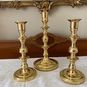 3 Vintage Baldwin Heavy Brass Candle Holders Candleholders Candlesticks 7 1/2” and 9”
