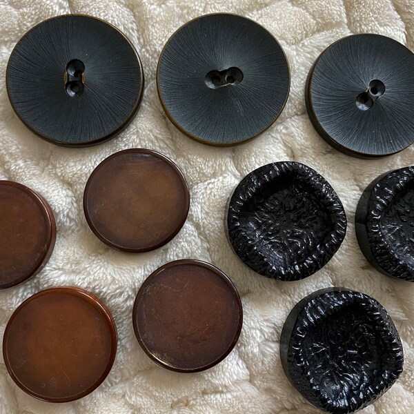 10 Vintage Large Coat Buttons Black Brownish Black Brown Shank  Or 2 Hole Buttons