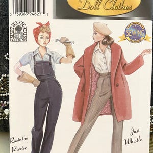 May include: Simplicity Series 4 sewing pattern for Couturier Doll Clothes. The pattern features illustrations of two women in vintage outfits, including overalls and a coat. The text includes "Rosie the Riveter" and "Just Whistle".