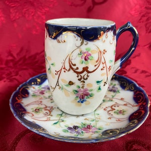 Vintage Antique Cobalt Blue and Pink Floral Demitasse Gold Gilt Teacup Tea Cup and Saucer Made in Japan