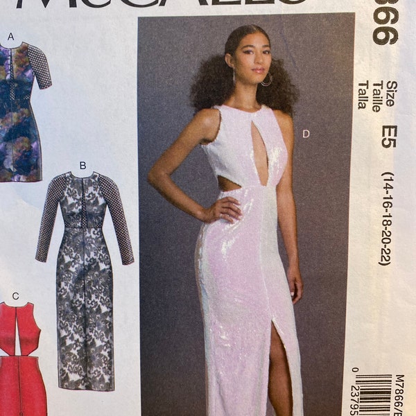 McCall’s Dress Close Fitting Long or Short Evening Dress Front Slit M7866 7866 Sewing Pattern Size 14 16 18 20 22 Bust 36 38 40 42 UNCUT